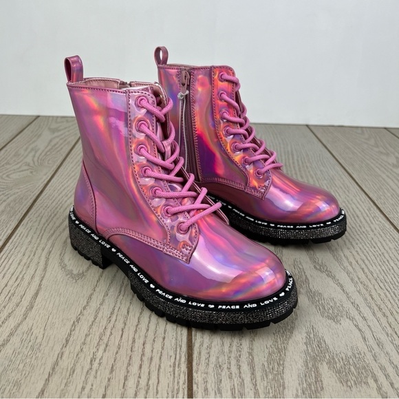 Steve Madden Little Girls JWORDLE Lace-up Combat Moto Boots Pink Metallic $60 - Picture 1 of 11